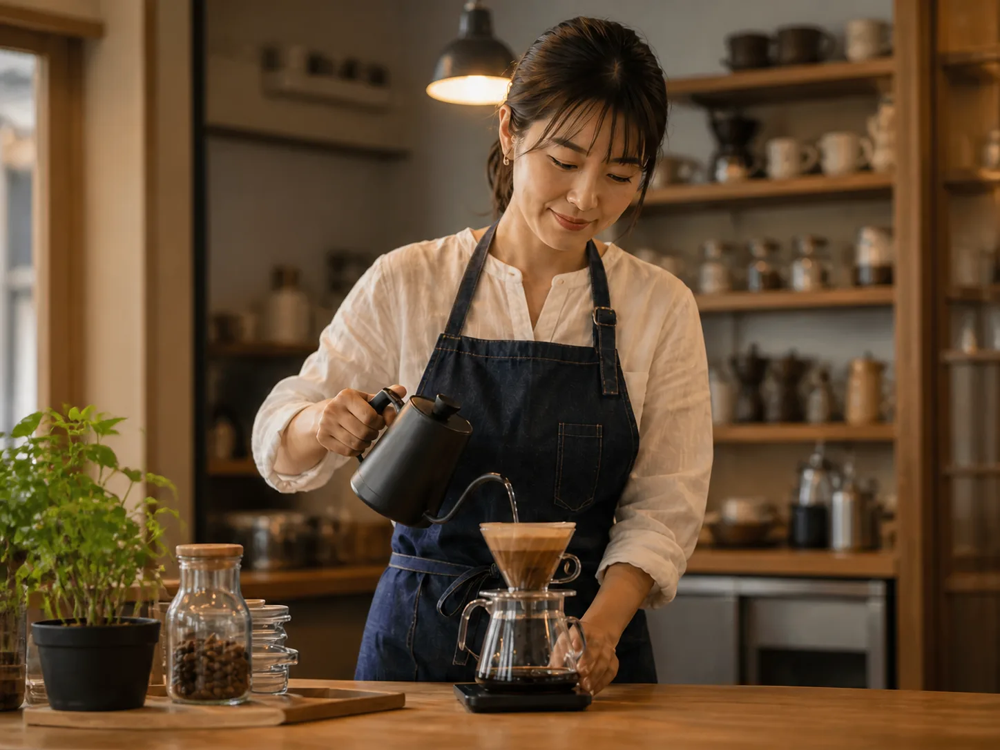 喫茶あみ野でハンドドリップコーヒーを淹れる店主の掲載イメージ